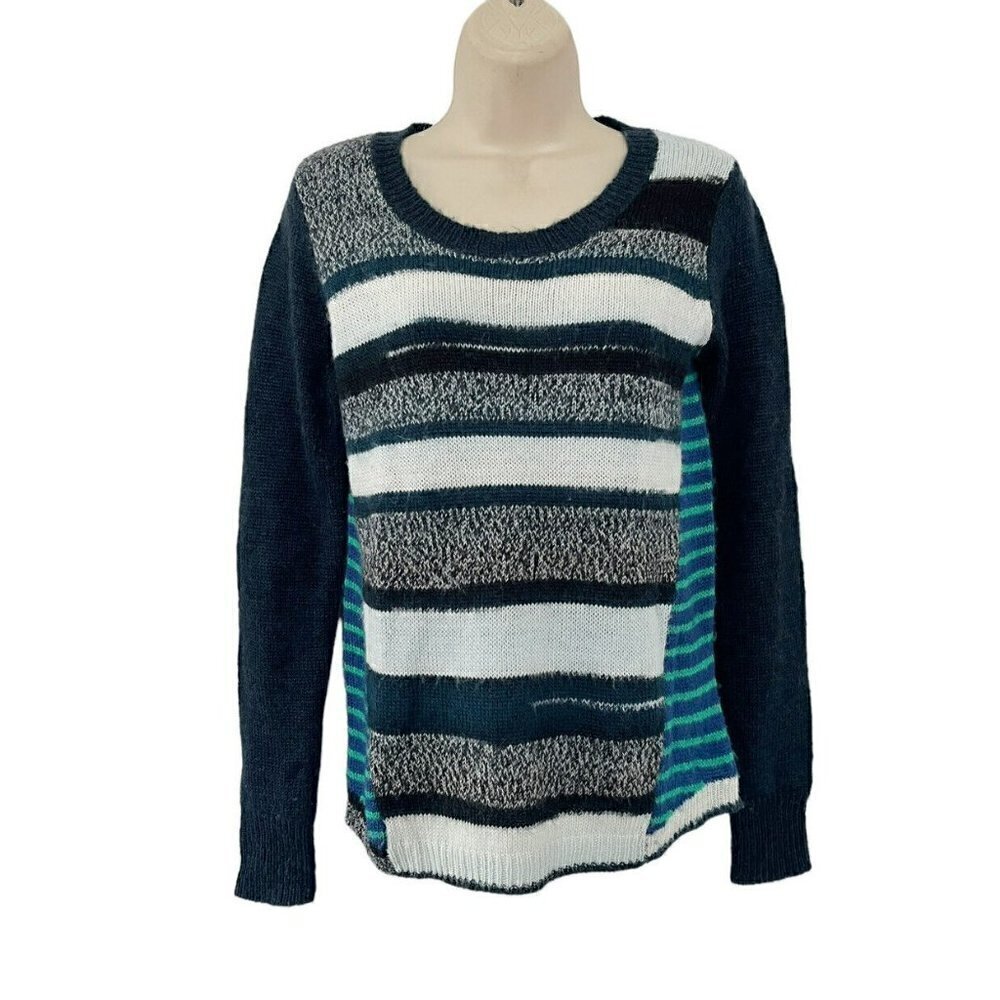 PrAna Woman's Sz XS Seffi Teal Blue Green Wool Blend Striped Pullover Sweater - Picture 2 of 8